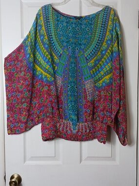 Tolani Multicolor Bohemian Print Silk Blouse Boho Chic Flowy Size M